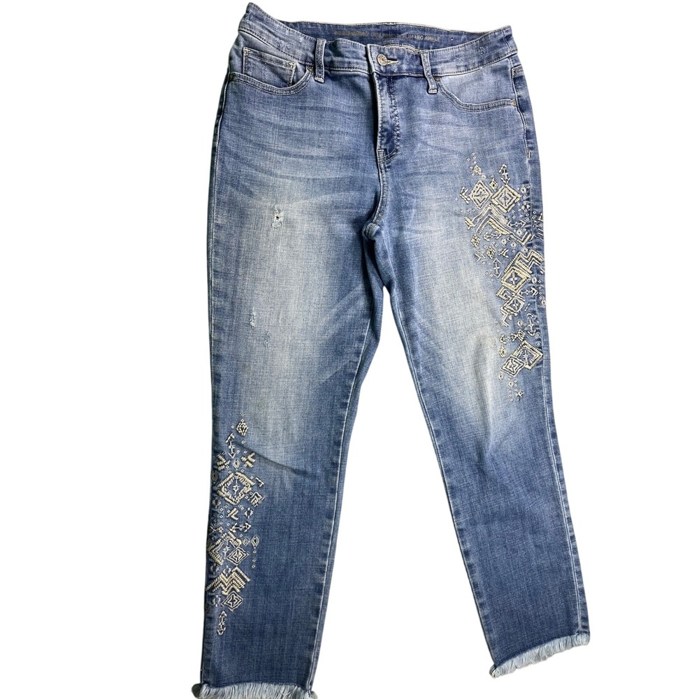 Chico's So Slimming Girlfriend Jeans 4R Embroidered Slim Ankle Raw Hem Boho